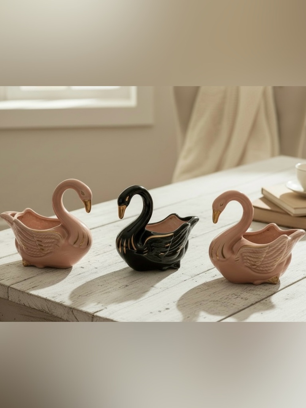 Vintage Ceramic Swan Planters Set Of 3 Pink Black Gold Luster